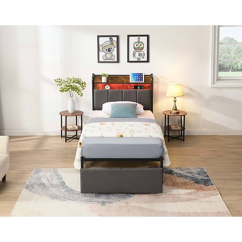 Versatile Bed with Extraordinary Features for Ideal Bedroom - Black+Brown+Grey-Twin Size