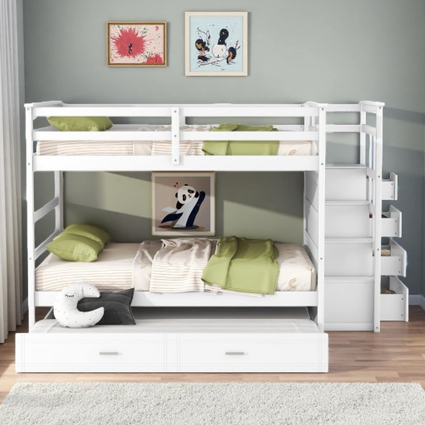Full-Over-Full Bunk Bed with Twin Trundle, Staircase with Storage Drawers, Solid Pine Frame