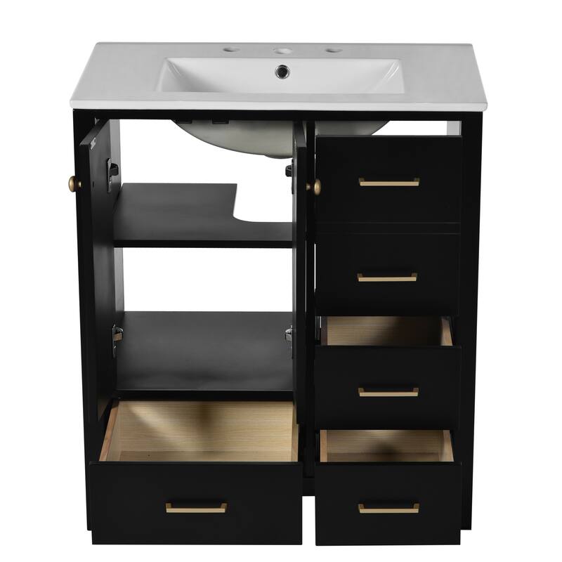 30-Inch Retro Style Bathroom Vanity with Ceramic Sink, 4 Drawers, Soft-Close Hinges, High-Quality MDF Construction