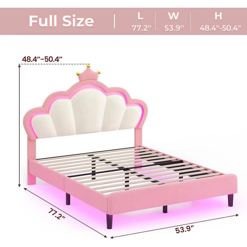 Bed Frame LED Lights Girls Bed Princess Crown Velvet Upholstered Platform Bed