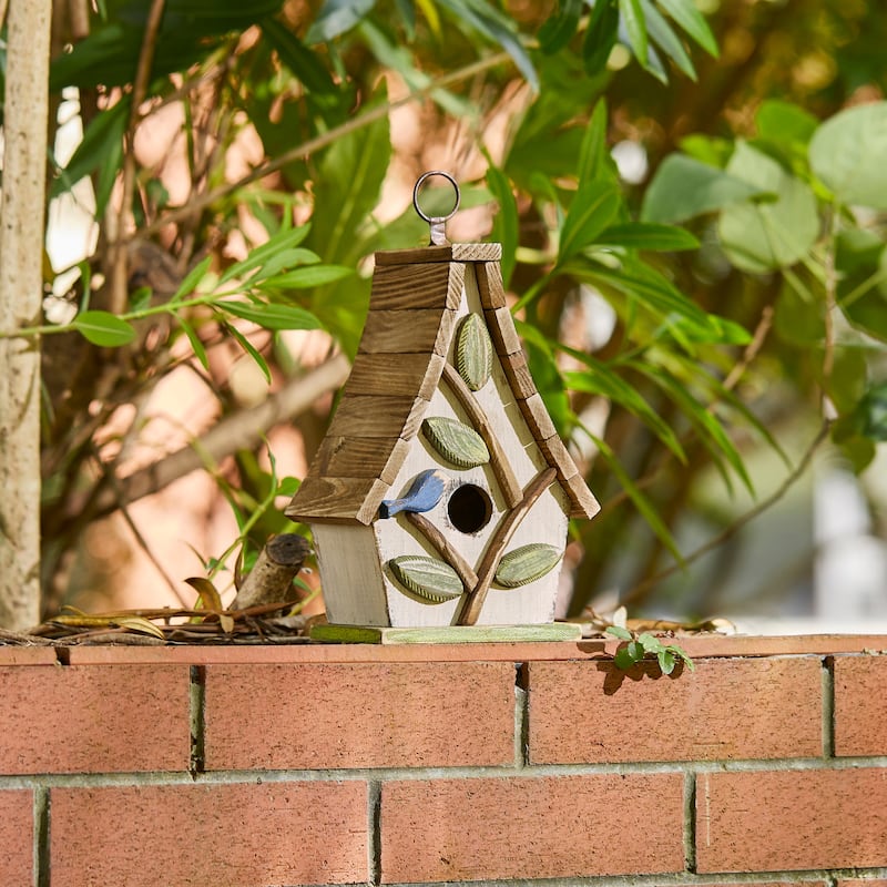 Glitzhome 12.5"H Distressed Solid Wood Birdhouse with 3D Leaves