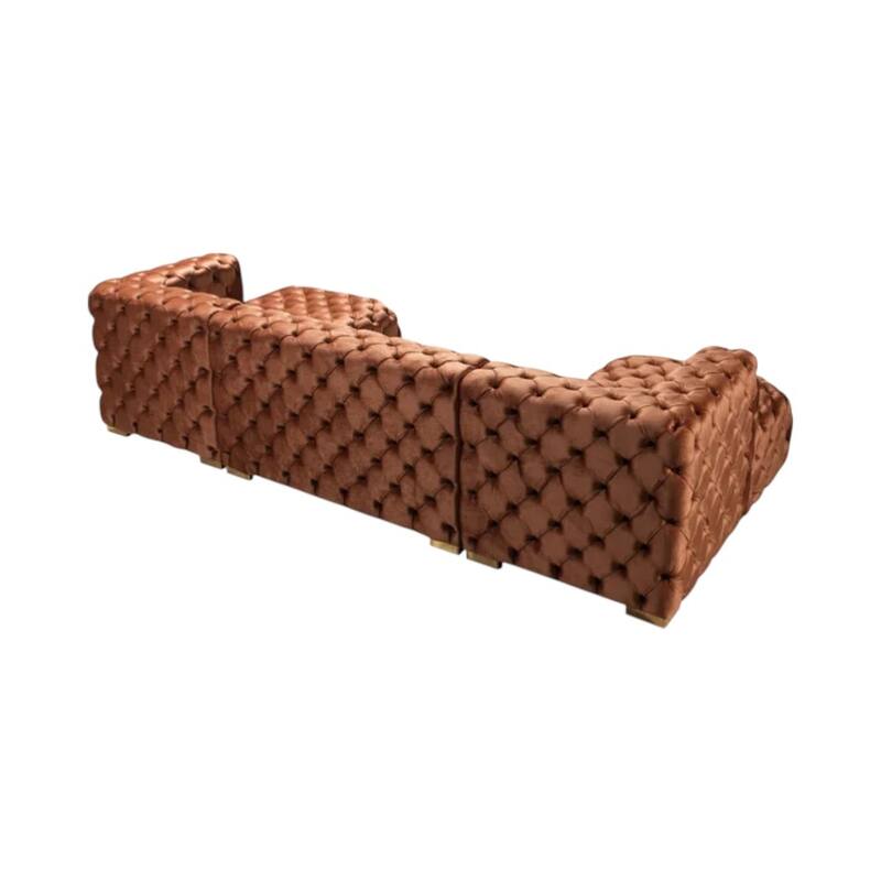 HomeRoots Tufted Orange Velvet Modular U Shaped Sofa and Chaise Sectional With Toss Pillows