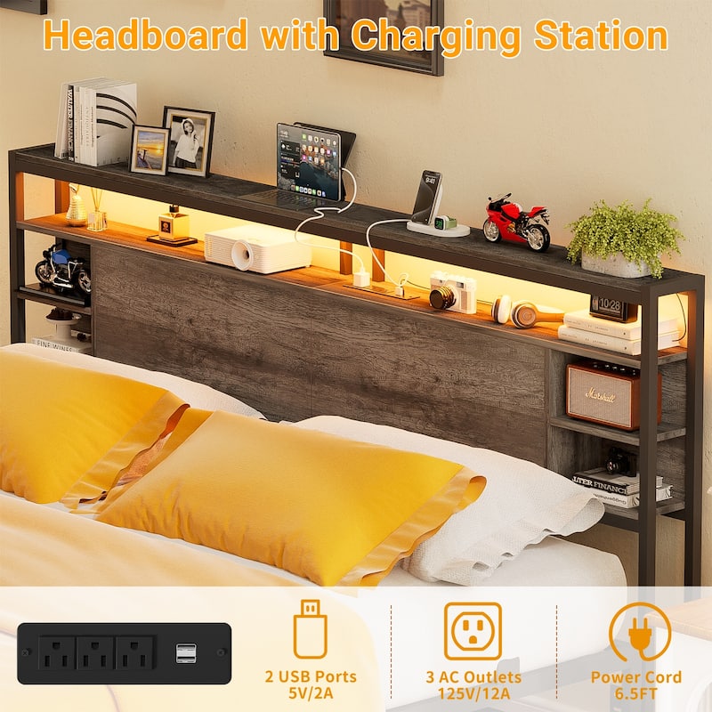 Bed Frame with Charging Station and RGB LED Lights, Sturdy Platform Bed with Storage Headboard,