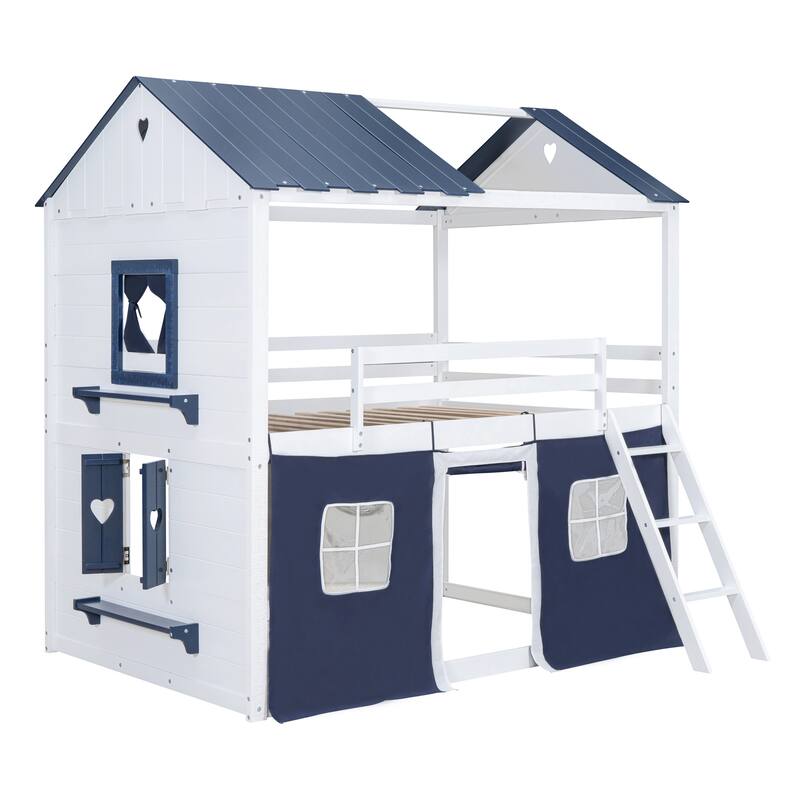 White+Blue Wood Castle House Bunk Bed with Windows, Sills, Tent, and Slide, Playhouse Design