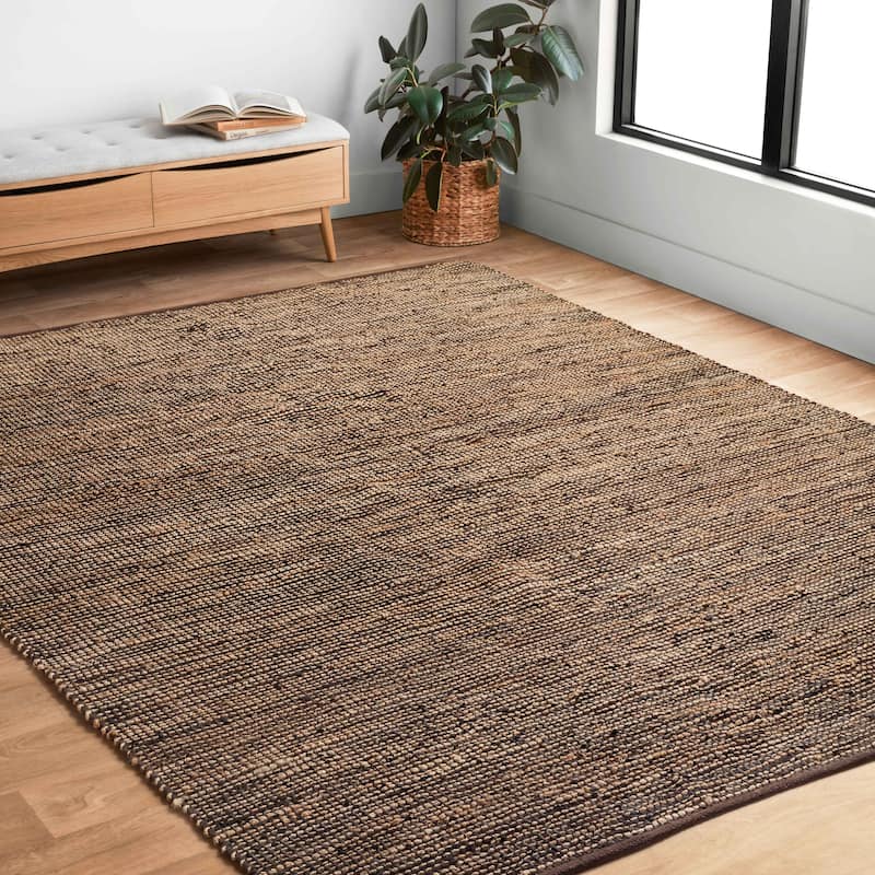 Alexander Home Farmhouse Jute and Leather Handwoven Area Rug - 3'6" x 5'6" - Brown - Rectangle
