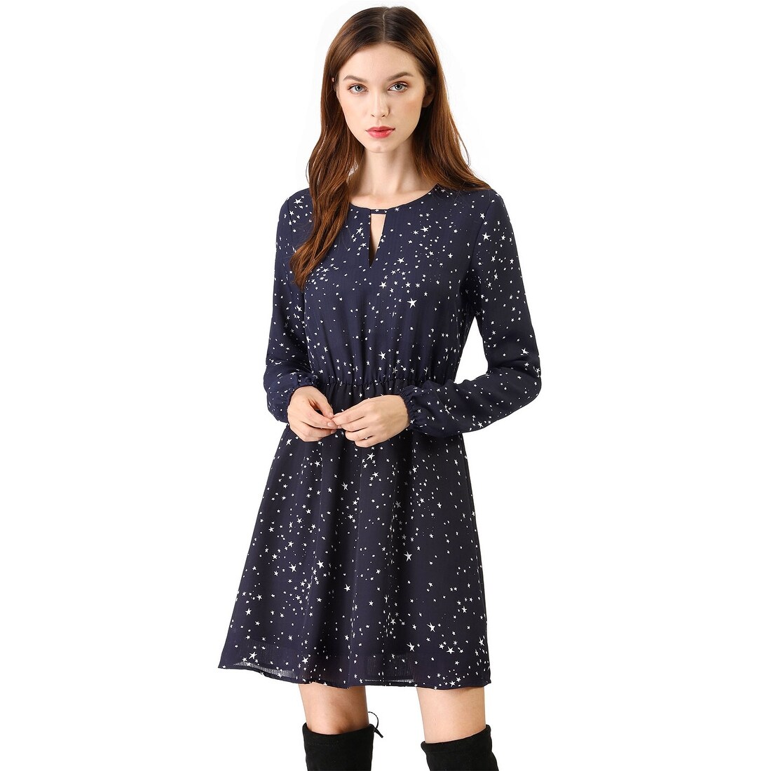 Shop Women S Choker V Neck Long Sleeve Star Print Casual A Line