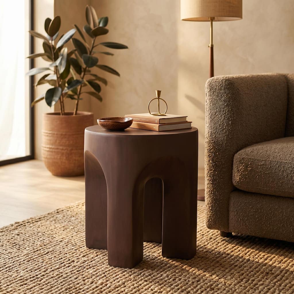 Crus Modern Fiberstone Side Table for Indoor Outdoor Use, Weather Resistant Round Accent End Table with Pedestal Base