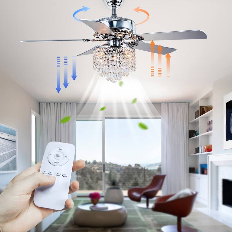 52" Modern Indoor Reversible Crystal Drum Ceiling Fan with Remote Control and Light Kit Chrome