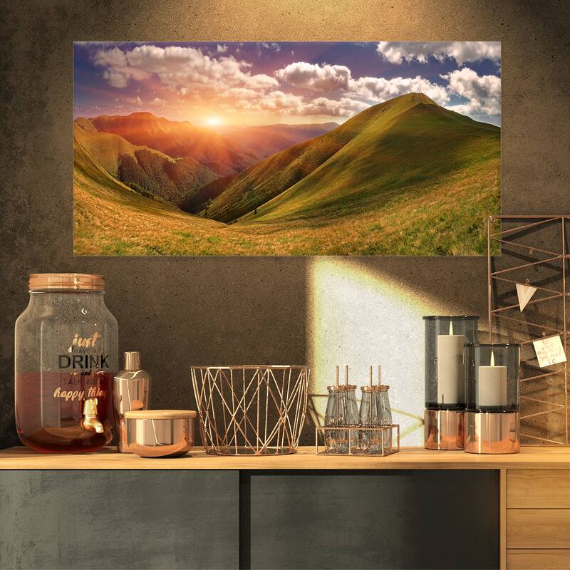 Sunrise Over Green Mountains - Landscape Photo Canvas Art Print - 32 in. wide x 16 in. high - 1 Panel