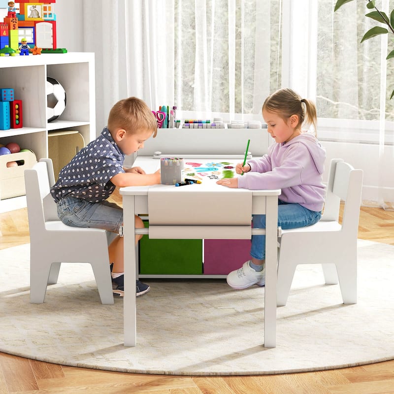 Costway Kids Art Table & Chairs Set with Paper Roll Wooden Craft Study - See Details