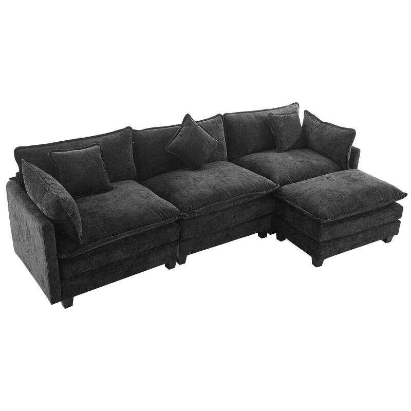 112.2" L-Shape Chenille 4 Seat Sectional Sofa with Removable Ottoman and 5 Plush Pillows, Modern Luxury Couch