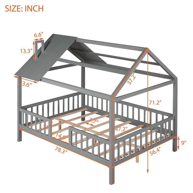 Montessori Full/Twin Size House Bed with Roof, Kids Playhouse Bed with Fence, Wood Platform Bed, No Box Spring Required
