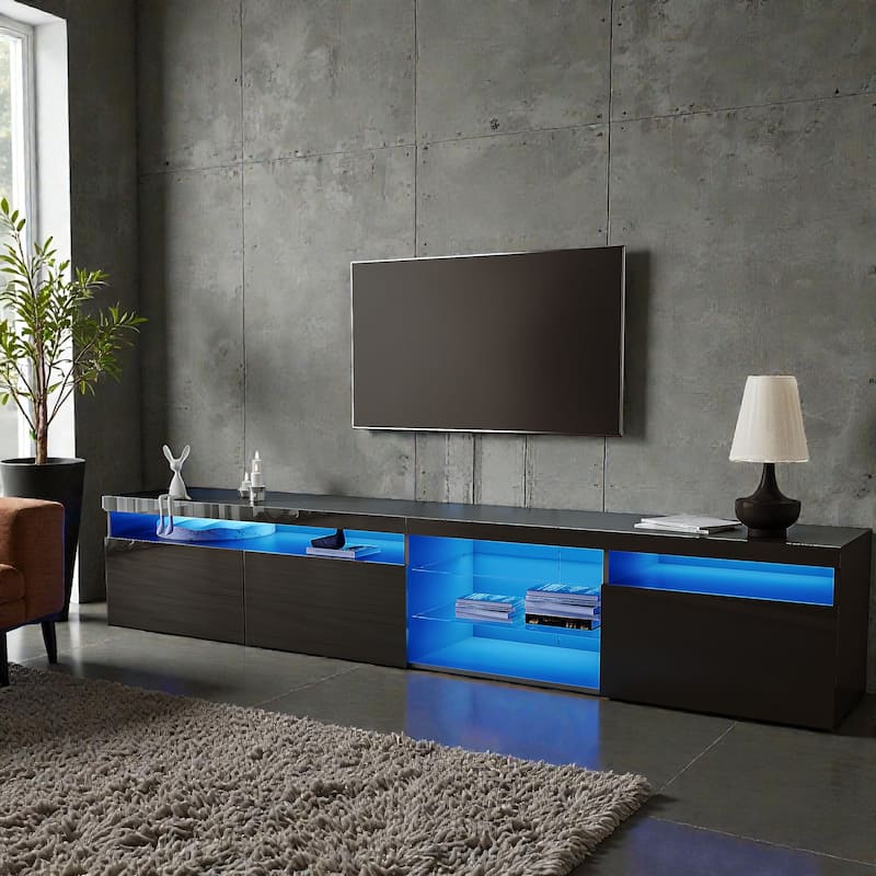 94.5" LED TV Stand with Glass Shelves, Modern Media Console for TVs up to 105" for Living Room, Storage Cabinets