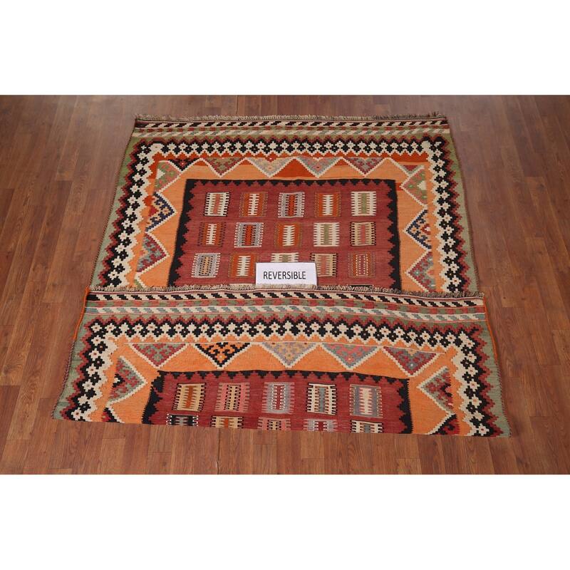 Vegetable Dye Orange Tribal Kilim Qashqai Persian Vintage Wool Carpet - 5'4"x 7'2"
