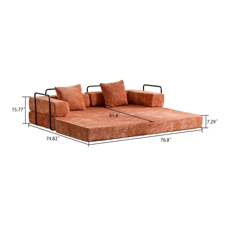 Modern Minimalist Compressed Upholstered Convertible Two-Seater Sofa Bed with External Metal Frame