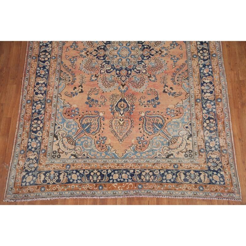 Hand Knotted Oriental 100% Wool Carpet Traditional Floral Oranges & Rust Mashad Area Rug - 9' 7'' X 6' 6''