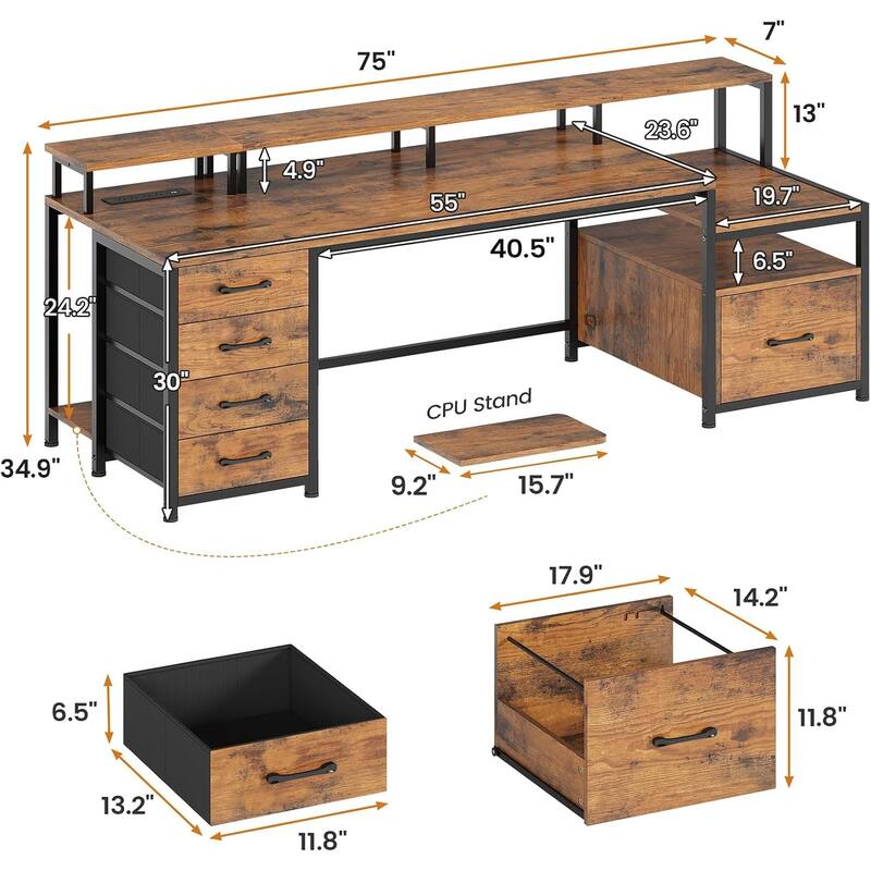 Home Computer Desk File Drawer & Power Outlet 5 Drawer Monitor Shelf