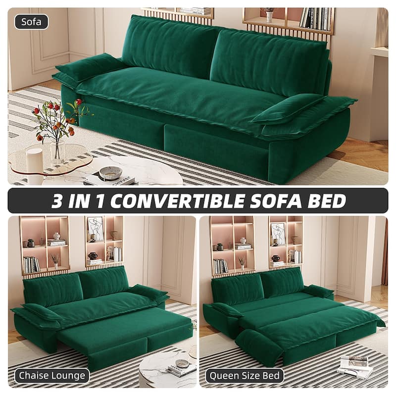 3-in-1 Convertible Velvet Sofa Bed, Pull-Out Queen Sleeper Bed, Chaise Lounge Sofa Daybed, Easy-to-Assemble