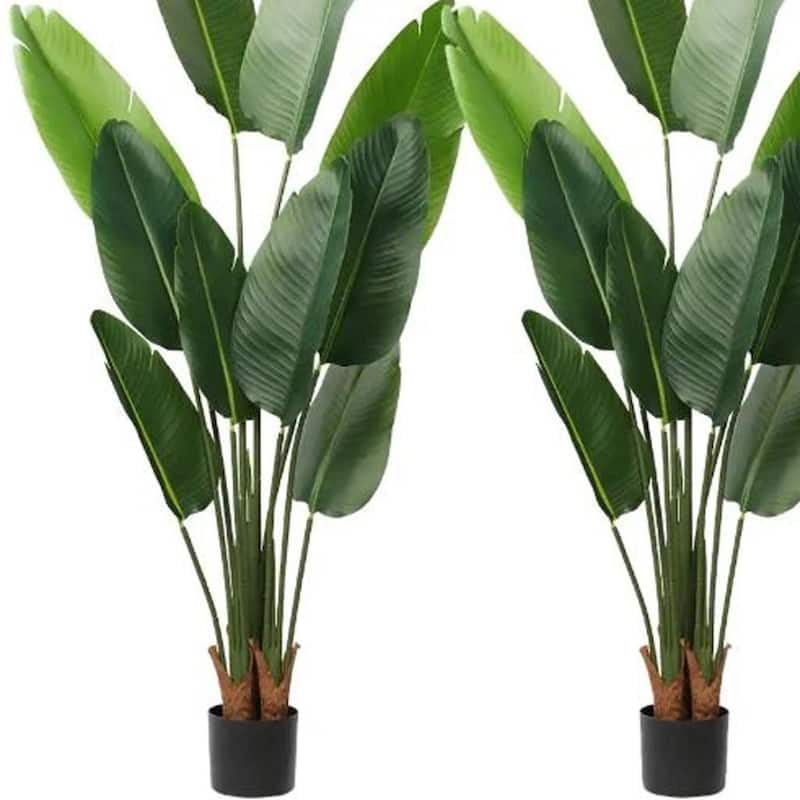 HomeRoots Set of two 63" Green Artificial Banana Leaf Tree in a Black Pot - 6.69 in. x 62.99 in. x 6.69 in.