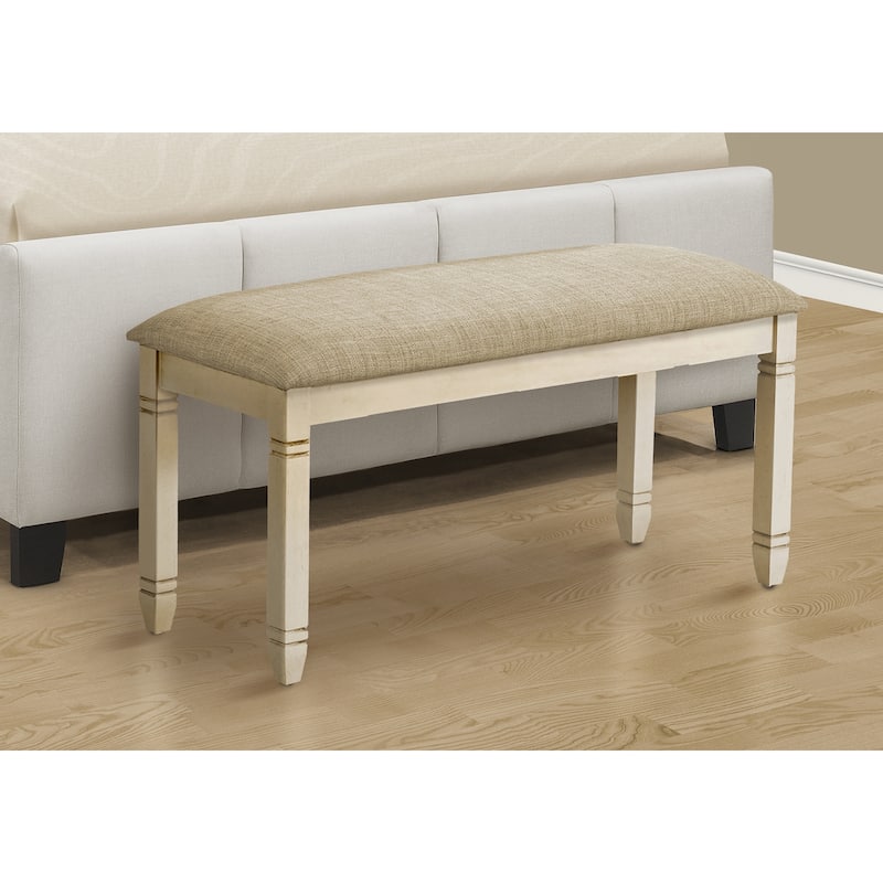 Bench, 41" Rectangular, Kitchen, Dining Room, Entryway, Bedroom, Upholstered, Wood, Antique White Solid Wood - White