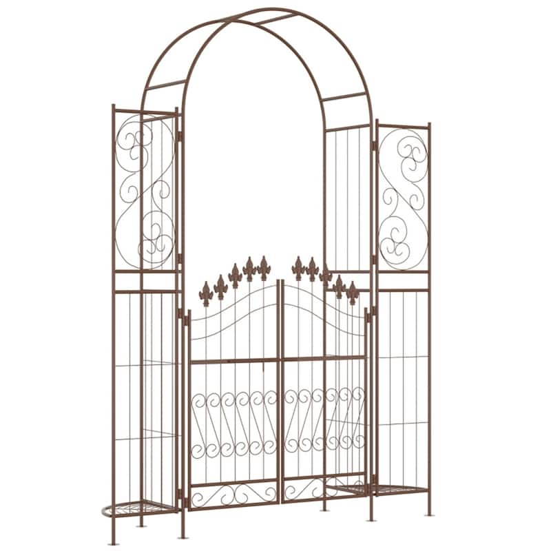 Brown Metal Garden Arch with Plant Shelves and Double Door Powder-Coated Outdoor Arbor for Climbing Plants - Brown