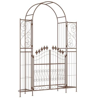 Brown Metal Garden Arch with Plant Shelves and Double Door Powder-Coated Outdoor Arbor for Climbing Plants