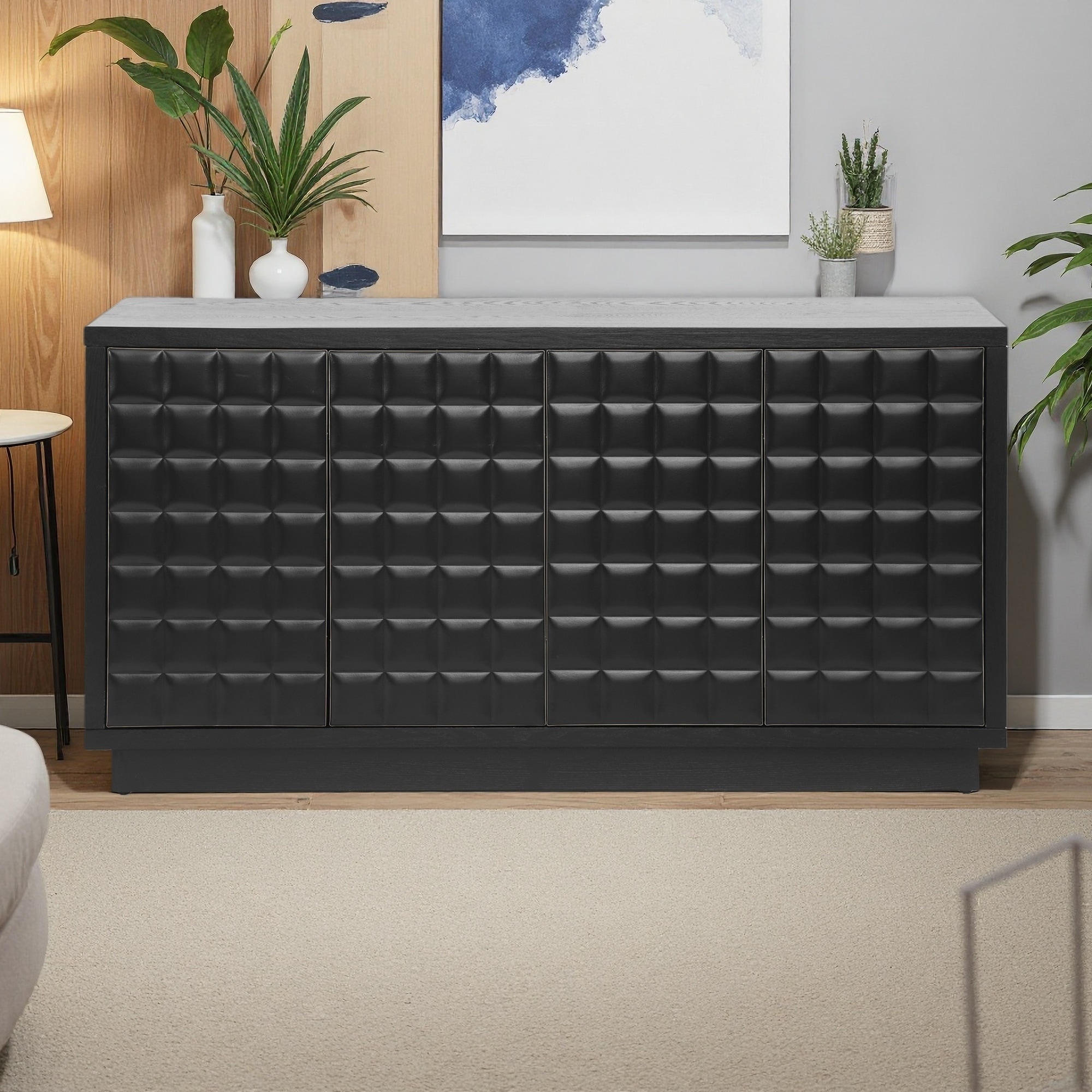 4-Door Storage Cabinet with 3D Geometric Doors and Adjustable Shelves