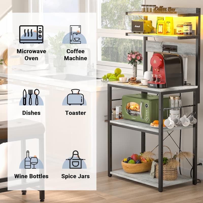 Bakers Rack Kitchen Storage Shelf with Power Outlets and RGB LED Lights,5 Tiers Coffee Bar Station,Microwave Stand