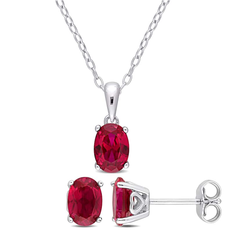 Miadora 3 4/5ct TGW Oval Created Ruby Solitaire Necklace and Stud Earrings Set in Sterling Silver