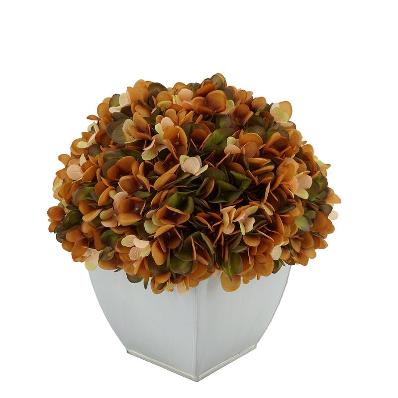 Faux Hydrangea in Cream Tapered Zinc Cube - Coffee