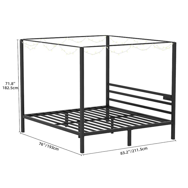 Moasis Black Canopy Bed Frame King, Four Poster Bed with Charge Station & Star-Shaped LED Light, 14 Inch Platform