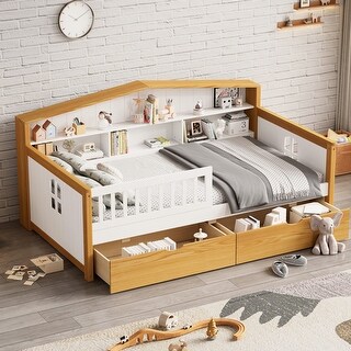 Wooden House Shape Bed with Bookcase Headboard