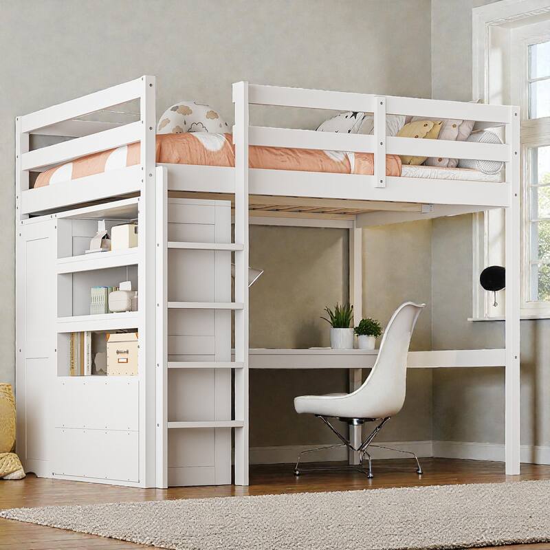 Full Size Wood Loft Bed with Wardrobe, Desk, Storage Shelves and Drawers, Space Saving Design, No Box Spring Needed - White - Full