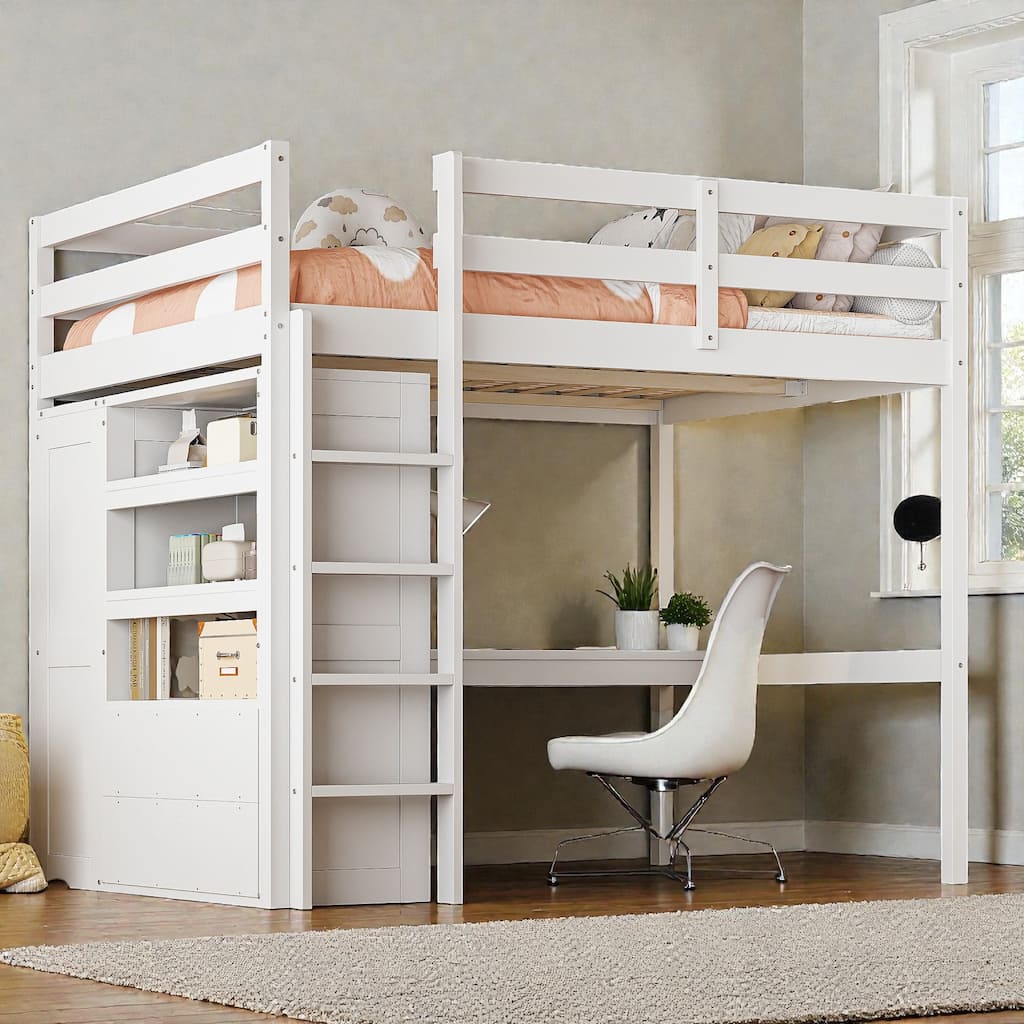 Full Size Wood Loft Bed with Wardrobe, Desk, Storage Shelves and Drawers, Space Saving Design, No Box Spring Needed