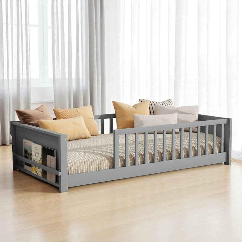 Twin Size Floor Platform Bed with Fence Rail and Built-in Book Rack, Wood Slat Support