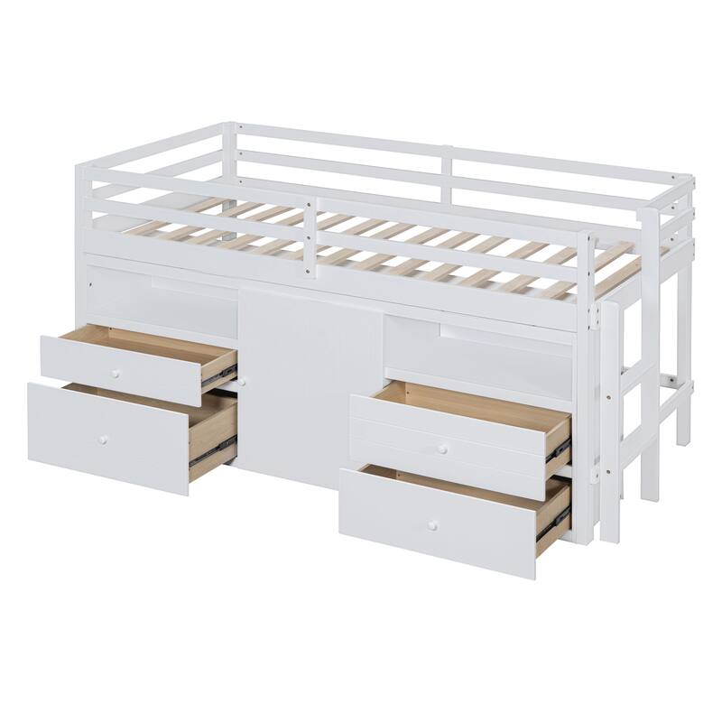 Space-Saving Twin Loft Bed with Drawers, Cabinet, and Shelves, White