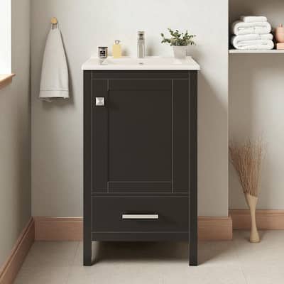 20" Small Bathroom Vanity with Ceramic Sink, Freestanding Storage Cabinet with Soft Close Drawer and Door Organizer