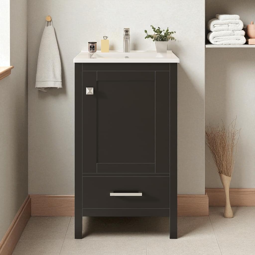 20" Small Bathroom Vanity with Ceramic Sink, Freestanding Storage Cabinet with Soft Close Drawer and Door Organizer