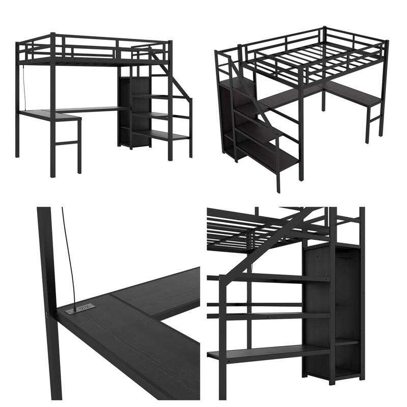 Twin XL Metal Loft Bed w/ L-shaped Desk,USB,Wardrobe,Adjustable Shelf