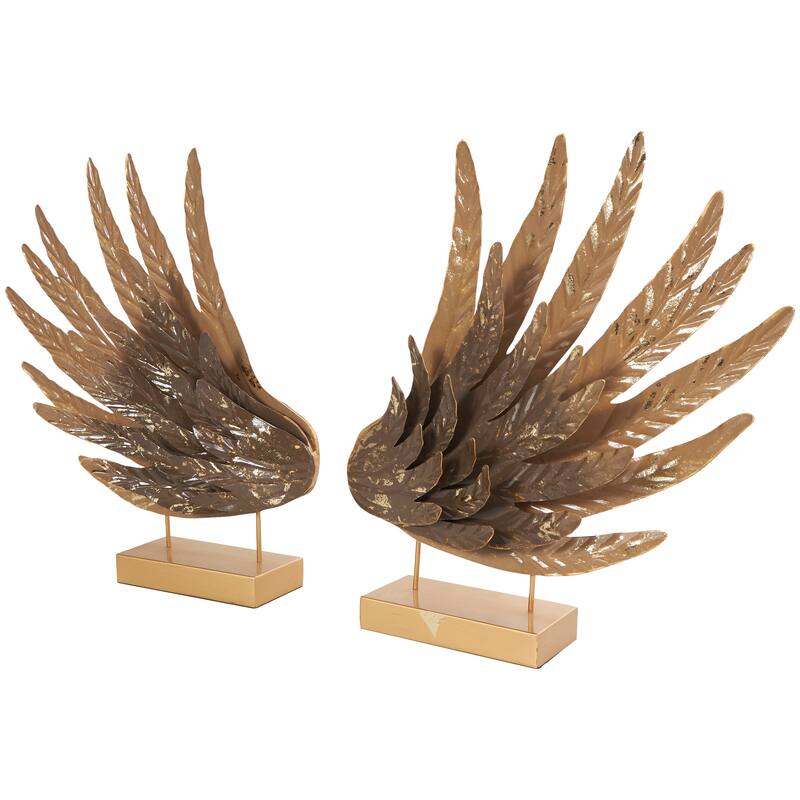 Gold Metal Wing Bird Decorative Sculpture with Gold Foil Accents and Stands (Set of 2)