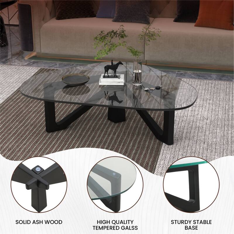 36" Triangular Mid Century Modern Accent Center Coffee Table with Glass Top and Wood Base for Living Room