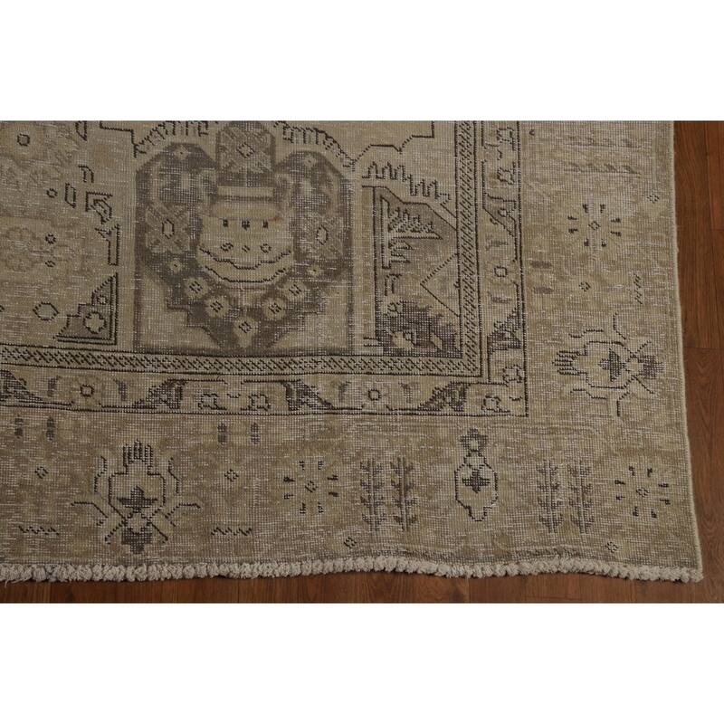 Geometric Beige Tabriz Persian Vintage Rug Handmade Wool Carpet - 8'11" x 11'5"