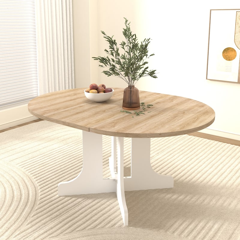 Dining Table for Farmhouse Kitchen Expandable Oval Table Top with Removable Leaf Trestle X Shaped Base