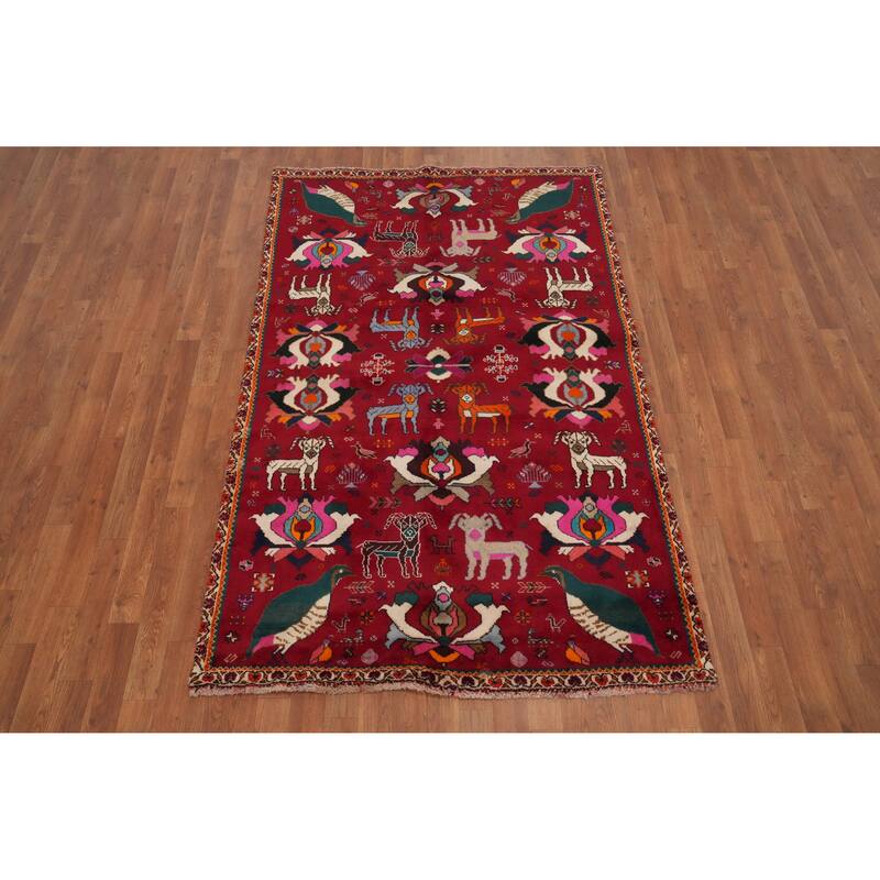 Hand Knotted Oriental 100% Wool Carpet Traditional Tribal Red Shiraz Area Rug - 6' 11'' X 4' 3''