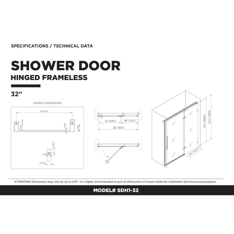 Fine Fixtures Hinged Clear Frameless Glass Shower Door Enclosure
