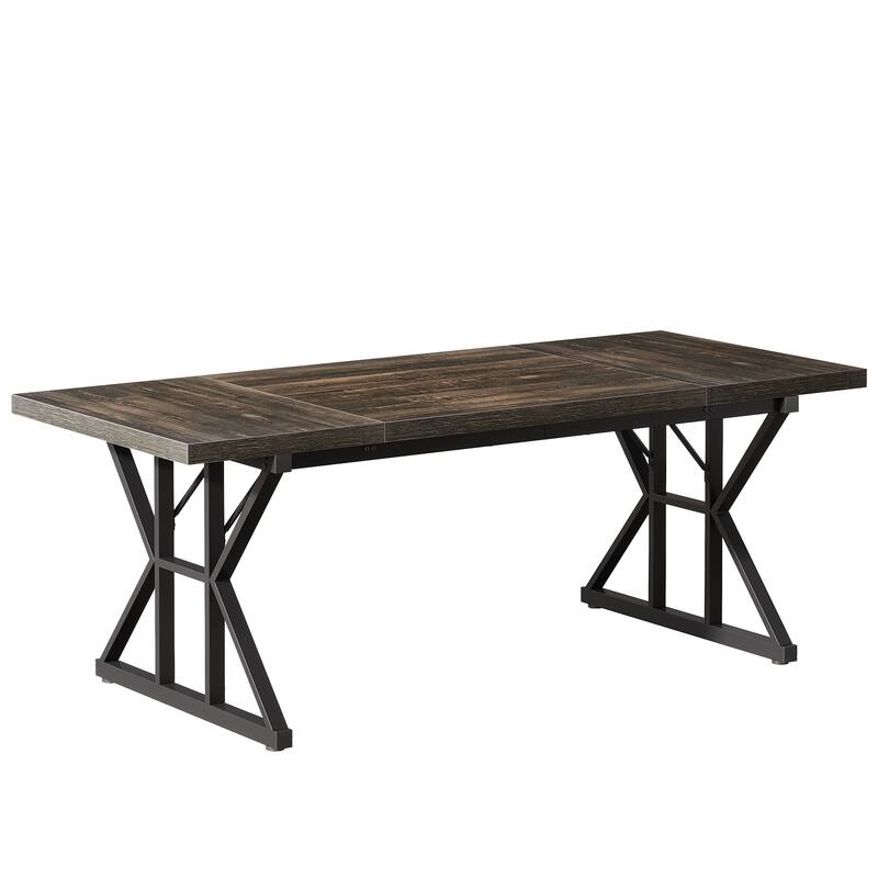 71" Dining Table for 6, Rustic Rectangular Kitchen Table with X-Trestle Metal Legs, Wood Top Dinner Table for Dining Room
