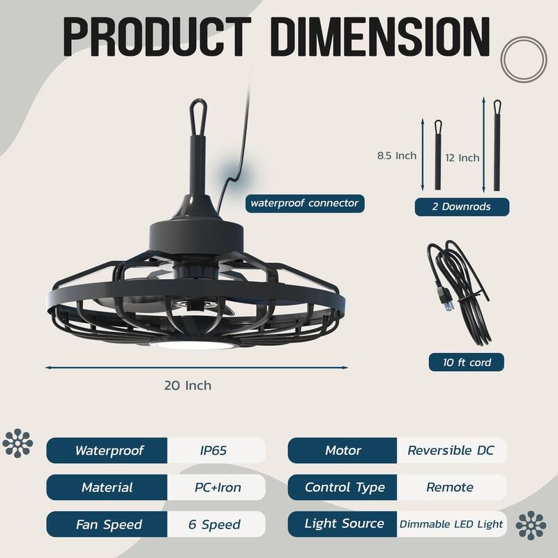 20" Outdoor Ceiling Fan with Light, 6-Speed Reversible Motor, Waterproof Caged Fan for Patio, Gazebo, Kitchen.
