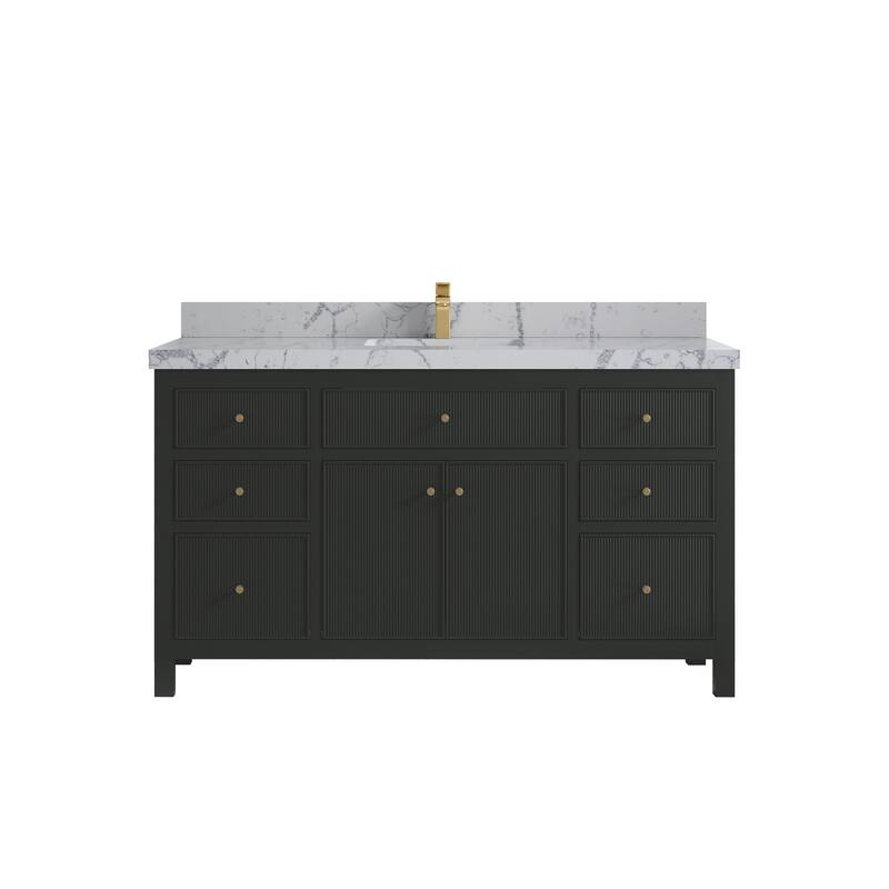 Willow Collections 60 in W x 22 in D Sonoma Free Standing Reeded Single Sink Bathroom Vanity with Countertop - 2" Venatino - Black Top