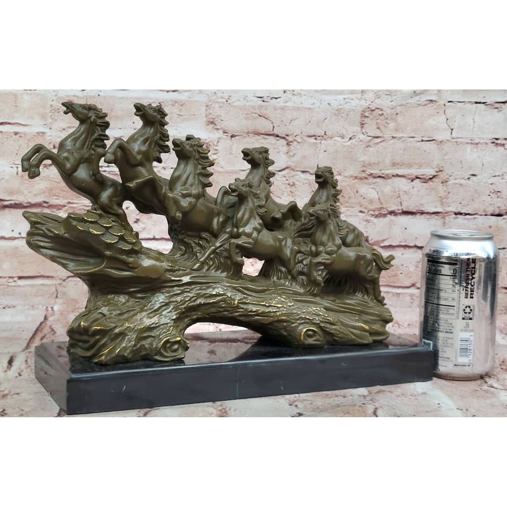 Eight Galloping Imitative Horses Bronze Sculpture On Marble Base Signed M. Lopez