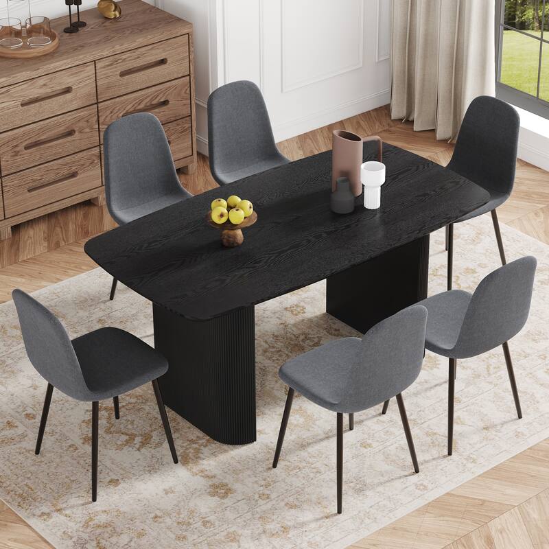 7-Piece Dining Table Set.67 * 35.4 inch wood grain MDF dining table With 6 High Resilience Dining Chairs - Black,Dark Gray